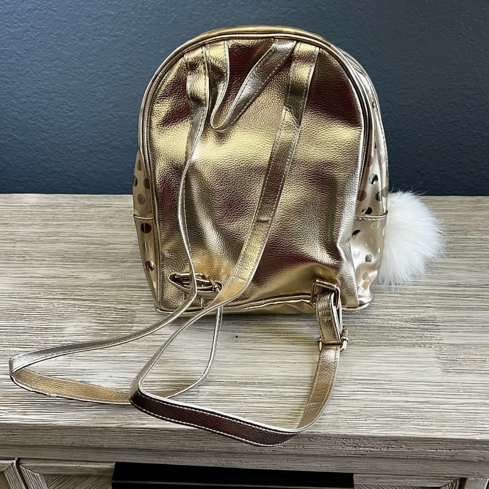 🆕 Justice Gold Backpack with Glitter Initial and Fur Pom Pom Charm